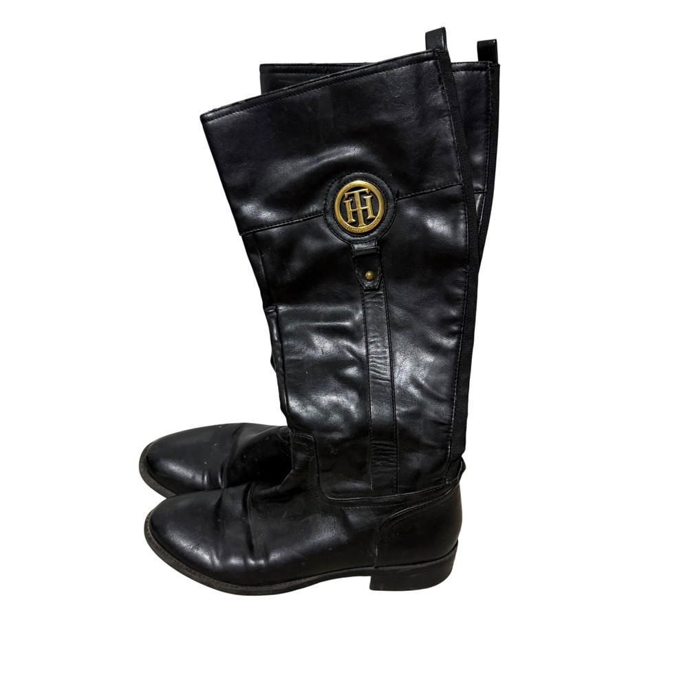 Tommy Hilfiger Womens Black Tall Riding Boots Gold TH Logo Medallion Zip Up 7.5